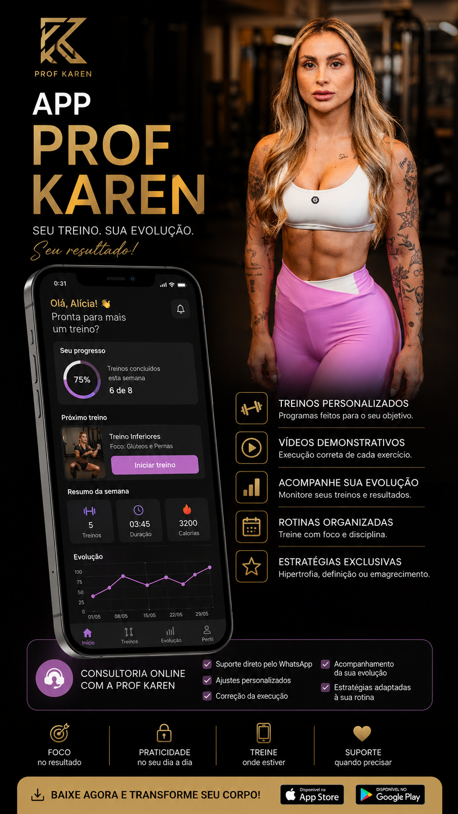 Telas do app Prof Karen: progresso semanal, lista de treinos e evolução