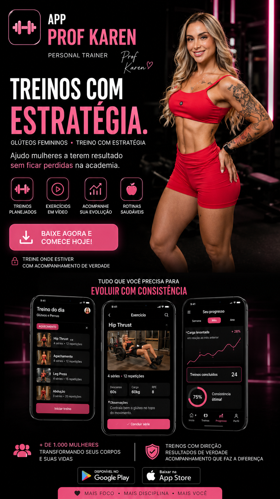 App Prof Karen: treinos planejados, exercícios em vídeo, acompanhamento da evolução e rotinas saudáveis